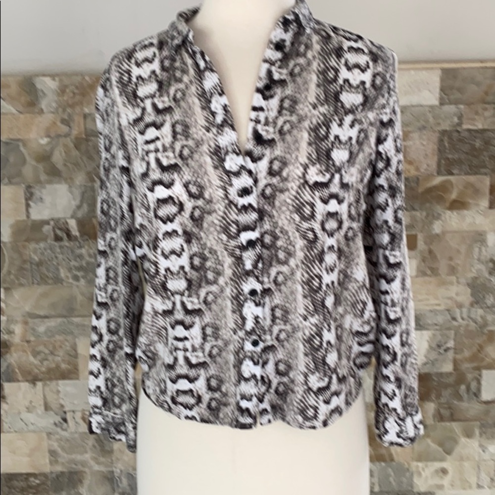 Divided snake skin print button up long sleeve top